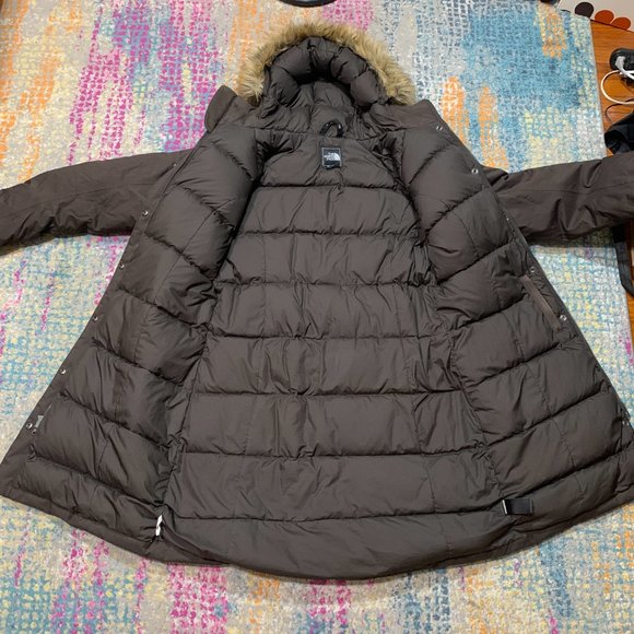 The North Face Goose Down Long Parka Coat Brown Hooded Fur Women's Size Large - Picture 5 of 10
